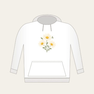 Three Daisies in Butter Yellow Hoodie in white: Three daisies with tiny leaves in cream, butter yellow and sage.