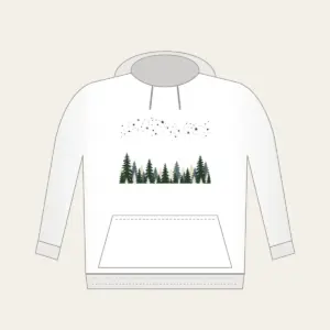 Pine Silhouettes under Scattered Stars Hoodie in white: A band of pine silhouettes runs along the lower edge beneath a drift of tiny stars in slate, forest green and cream.