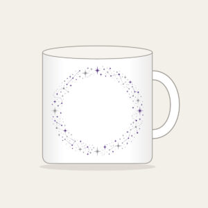 Constellation Dot Border Mug in white: Tiny constellation dots joined by fine lines in silver and violet form a border around an empty centre.