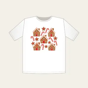 Gingerbread Houses and Candy Canes T-Shirt in white: Little gingerbread houses, candy canes and stars dance across cream in brown and red.