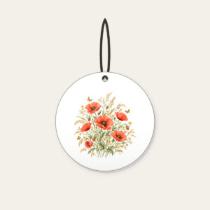 Poppies, Grasses and Tiny Butterflies Ceramic Ornament in white: All-over poppies, grasses and tiny butterflies in coral, gold and green on cream.
