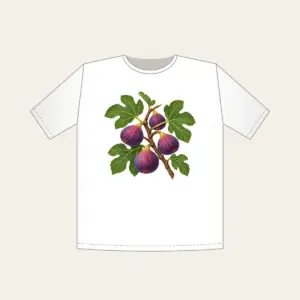 Fig Branch with Plump Purple Figs T-Shirt in white: A fig branch carrying plump purple figs and broad green leaves on a cream ground.