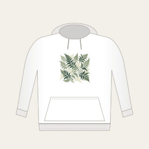 Fern Lattice Hoodie in white: Fern fronds interlaced into a lattice in sage, forest green and cream.