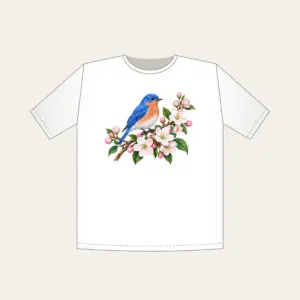 Bluebird on a Blossom Branch T-Shirt in white: A small bluebird rests on a branch of cobalt, white and pale pink blossoms.