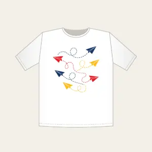 Paper Planes and Dotted Flight Paths T-Shirt in white: Paper planes trace dotted flight paths across cream in navy, red and yellow.