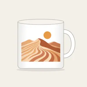 Dune Ripples with a Small Sun Mug in white: Sand dune ripples in warm tan, terracotta and cream under a small sun.