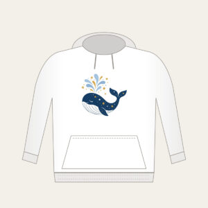 Starry Whale with Water Spout Hoodie in white: A friendly whale lifts a spout of water among tiny white and gold stars.