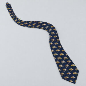Trout Fly Necktie with tiny trout flies arranged in diagonal rows in navy, gold and cream