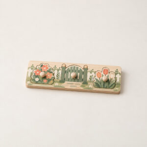 Wooden Puzzle Board with Garden Pieces with board with a garden scene of a gate and flowers in sage, coral and cream cut into a few large simple pieces, Knob type
