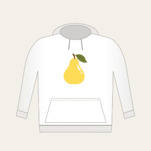 Butter Yellow Pear with Olive Leaf Hoodie in white: A stylized butter-yellow pear with an olive leaf and a small cream highlight, drawn in a clean, rounded outline.
