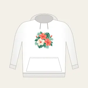 Hibiscus Sorbet Tropical Blooms Hoodie in white: Hibiscus flowers and leaves in coral, mint and cream.