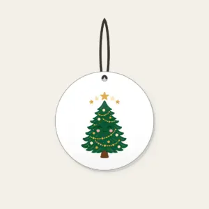 Little Pine and Five Stars Ceramic Ornament in white: A friendly stylised pine tree with five small stars above it in cream and gold.