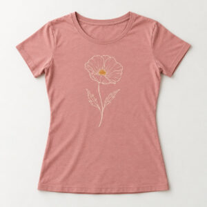 Poppy Line Women's Tee with single cream line-art poppy with two thin leaves and a small ochre center printed at center chest