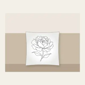 Peony in One Line Pillow in white: A single peony drawn in one continuous black line with two leaves.