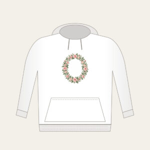 Oval Rose Wreath in Blush and Sage Hoodie in white: An oval wreath of roses and leaves in blush and sage that leaves a quiet open space in the middle.