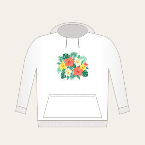 Hibiscus and Palm Sorbet Colors Hoodie in white: Hibiscus and palm leaves in coral, mint and lemon scattered over cream.