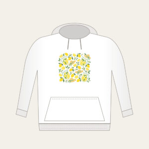 Lemonade Stand Pitchers and Lemons Hoodie in white: Lemonade pitchers, lemons and tiny straw sunbonnets repeat in yellow, white and mint.