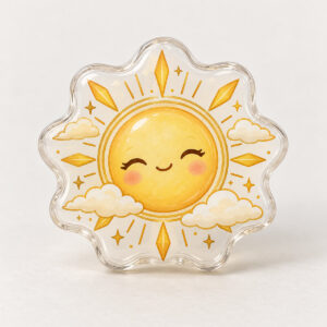 Rounded acrylic car clip printed with a golden sunbeam and tiny clouds