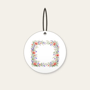 Roadside Wildflower Border Ceramic Ornament in white: A loose border of coral, violet and green wildflowers and grasses along the edges, leaving the center open.