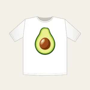 Halved Avocado Study T-Shirt in white: An avocado cut open in leaf green, with a warm brown pit and a pale cream highlight.