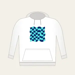 Ripple Checkerboard in Navy and Aqua Hoodie in white: A checkerboard whose squares ripple like waves in navy and aqua.