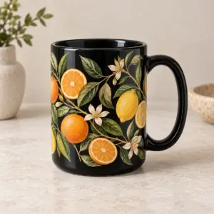 Midnight Citrus Grove Mug with continuous wrap of orange and lemon slices on a leafy branch in cream, pale gold and leaf green line art, balanced white space