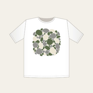 River Stones in Moss and Grey T-Shirt in white: Smooth river stones in moss green, grey and cream are traced with fine white outlines.