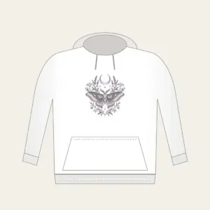 Moth and Crescent Moon with Herb Sprigs Hoodie in white: A moth beneath a crescent moon with delicate herb sprigs in silver grey and pale lilac.