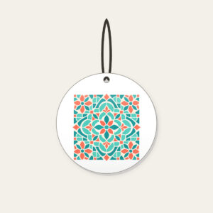 Aqua and Coral Mosaic Tiles Ceramic Ornament in white: Mosaic tiles in aqua, coral and cream fit together across the artwork.