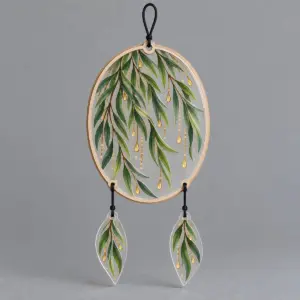 Dewdrop Willow Suncatcher with weeping willow branches in green and gold with tiny dewdrops printed on the main piece, pendants drawn as small leaves
