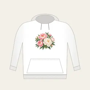 Blush and White Peonies Hoodie in white: Peonies in blush and white with green leaves on a cream base.