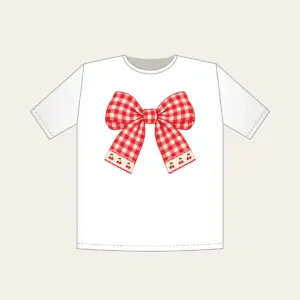 Red Gingham with Cherry Accents T-Shirt in white: Red and cream gingham with tiny cherry motifs.