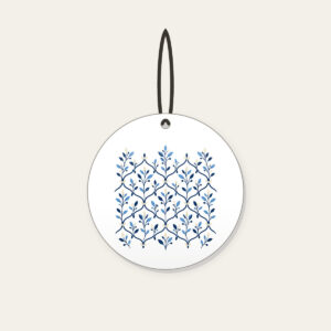 Navy Trellis and Leaf Pattern Ceramic Ornament in white: A repeating trellis of fine lines and small leaves in navy, sky blue and cream.