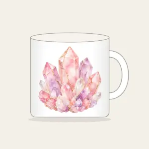 Rose Quartz Crystal Pattern Mug in white: A rose quartz crystal pattern in blush, lilac and white with fine gold lines.