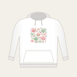 Teapots and Tiny Flowers Hoodie in white: Cheerful teapots and little flowers in pink and mint scatter across a cream ground.