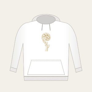 Unrolling Fiddlehead Fern Hoodie in white: A single fiddlehead fern unrolls in cream line art.