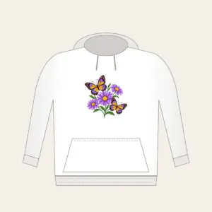 Two Butterflies and Three Daisies Hoodie in white: Two butterflies hover near three daisies in purple and yellow.
