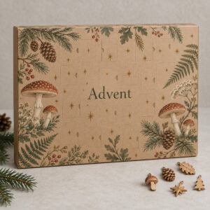 Kraft advent calendar box with pine cones and mushrooms and wood charms