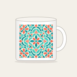 Aqua and Coral Mosaic Tiles Mug in white: Mosaic tiles in aqua, coral and cream fit together across the artwork.