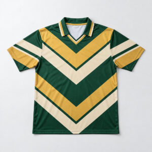 Midfield Chevron Football Jersey with a bold chevron pattern in forest green, gold and cream across the chest and sleeves with a v-shaped collar