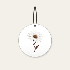 Single Daisy with Curved Stem Ceramic Ornament in white: A single daisy with a curved stem in white and deep brown.