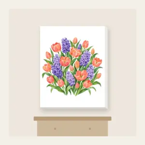 Tulip and Hyacinth Beds Canvas Print in white: Painterly flower beds of tulips and hyacinths in coral, violet and green on pale cream.