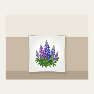 Wild Lupine Meadow Spires Pillow in white: Tall wild lupine flowers in violet and blue with green leaves.