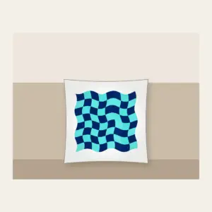 Ripple Checkerboard in Navy and Aqua Pillow in white: A checkerboard whose squares ripple like waves in navy and aqua.