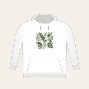 Fern Lattice Hoodie in white: Fern fronds interlaced into a lattice in sage, forest green and cream.