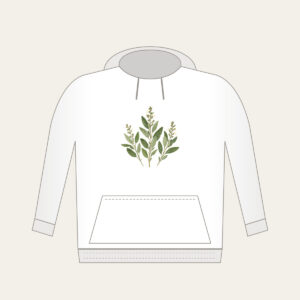 Three Pressed Sage Sprigs Hoodie in white: Three sage sprigs in cream and pale green with tiny dotted stems, like a page from a pressed-botanical album.