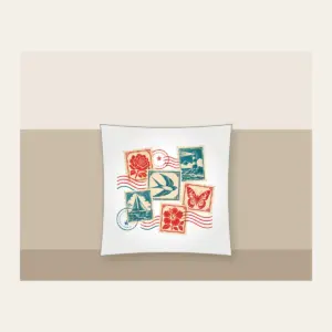 Vintage Postage Collage Pillow in white: Vintage postage stamps with a wavy postmark in teal, cream and red.