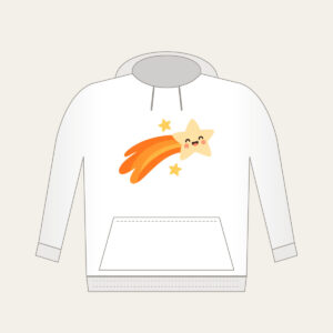 Cheerful Comet with Two Stars Hoodie in white: A cheerful cream comet with an orange curved tail and two pale-yellow stars.