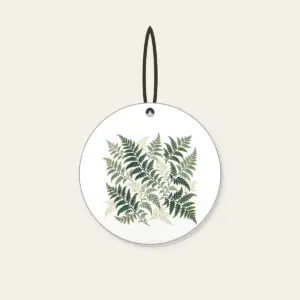 Fern Lattice Ceramic Ornament in white: Fern fronds interlaced into a lattice in sage, forest green and cream.