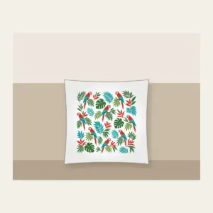 Parrots and Palm Leaves Repeat Pillow in white: Small parrots and palm leaves repeat in red, turquoise and green on cream.